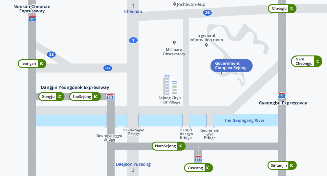 A rough map of the location of the Ministry of Trade, Industry and Energy in 402 12 and 13 Hannuri-daero, Sejong-si