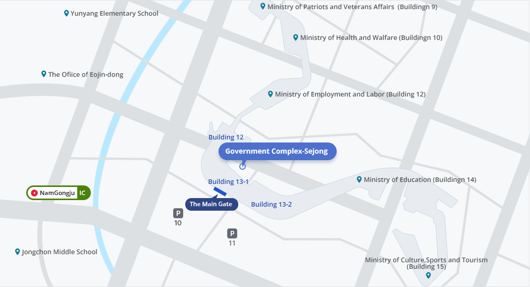 A rough map of the location of the Ministry of Trade, Industry and Energy in 402 12 and 13 Hannuri-daero, Sejong-si